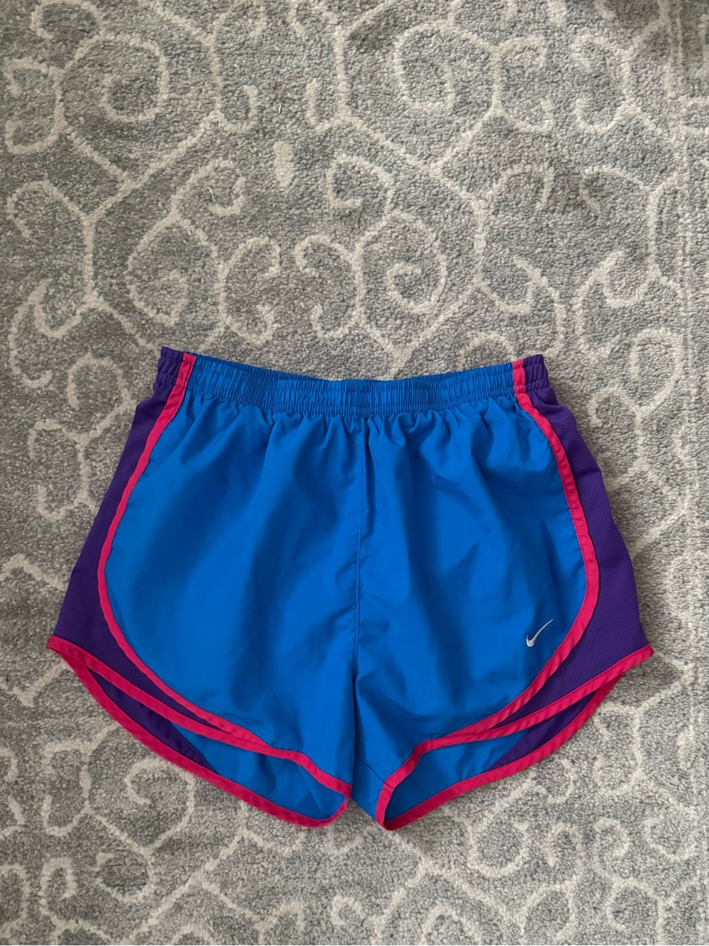 Nike Women’s Bright Blue Athletic Shorts with Pink Trim and Purple Panels